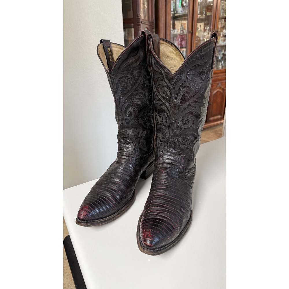 Vintage Dan Post 16732 Teju Lizard Cowboy Boots Mens 10.5 D Black Cherry Exotic